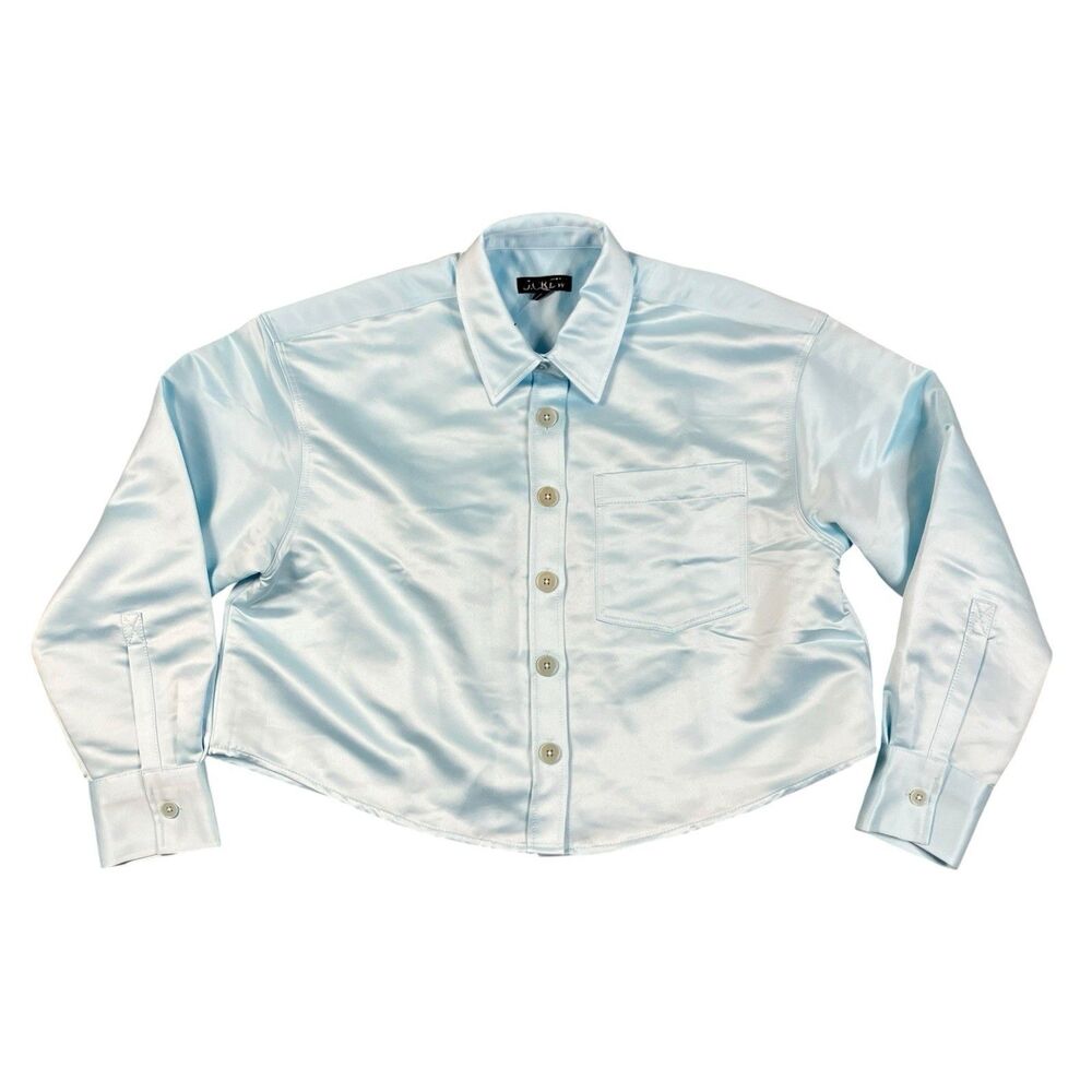 J Crew Etienne Duchess Satin Button Up Shirt Womens S Blue  Cropped Chic CQ187